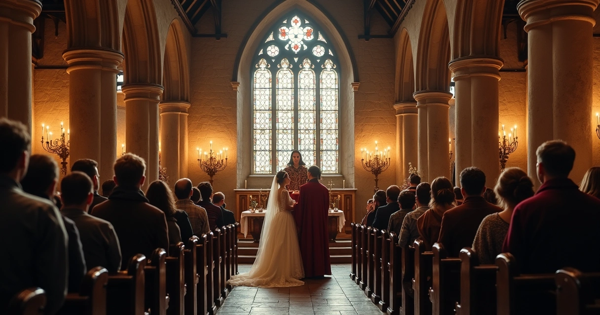 Medieval Christian wedding inside a stone church