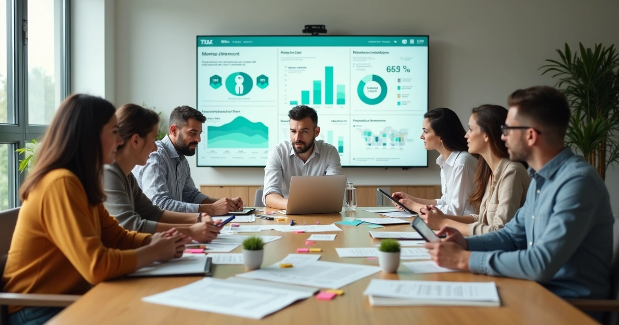 Grupo diverso em sala de reunião analisando impacto humano em painel de dados 