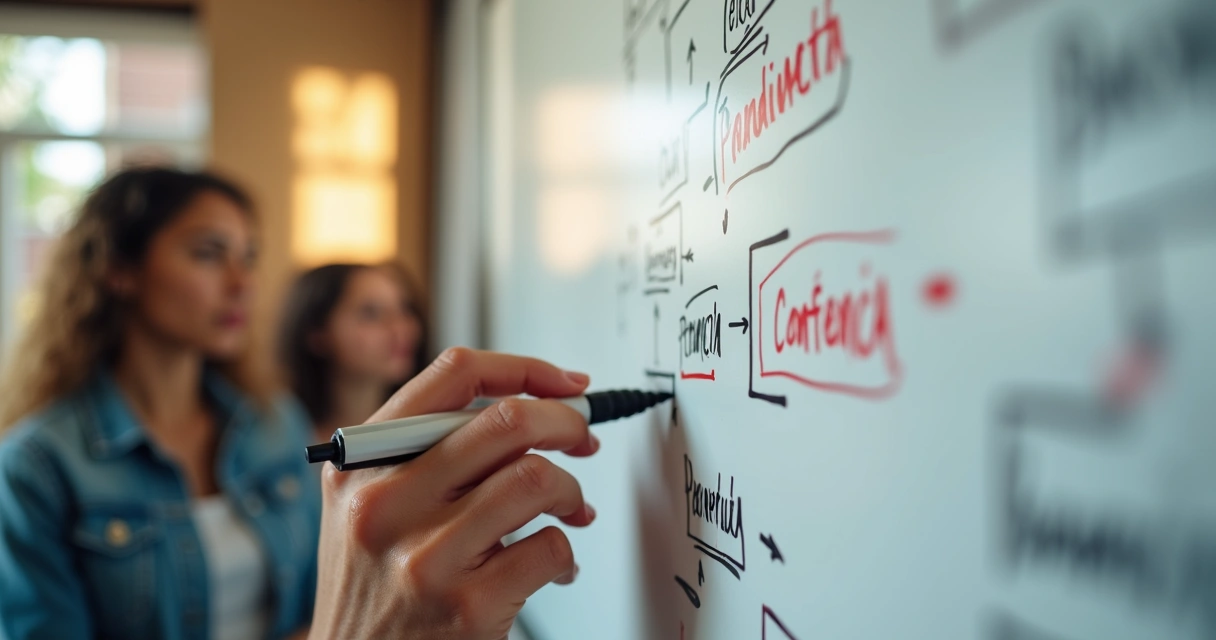 Pessoa escrevendo em quadro branco, mostrando indicadores sobre relações humanas. 