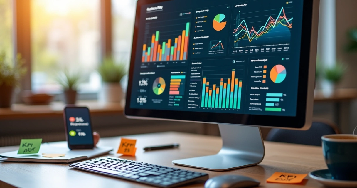 Tela de computador exibindo gráficos e indicadores de desempenho digital com anotações coloridas 