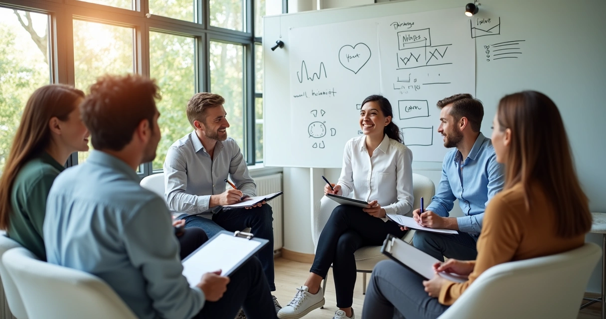 Pessoas em escritório em roda conversando e anotando dados em pranchetas 