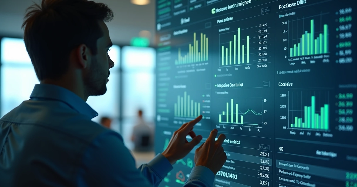 Gestor analisando indicadores em dashboard de IA 