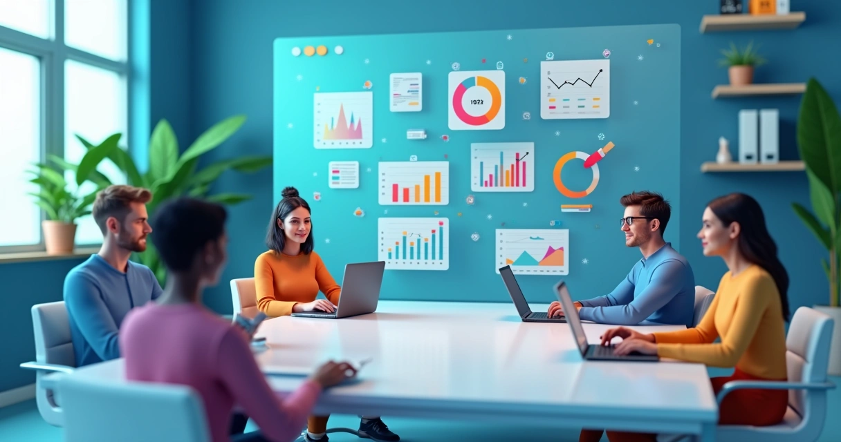 Ilustração 3D de equipe remota em videoconferência com gráficos de satisfação e indicadores flutuando na tela 