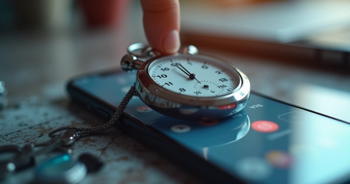 Cronômetro em cima de um smartphone exibindo um aplicativo