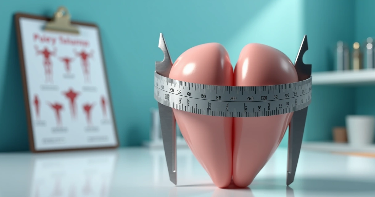 Orquidômetro medindo o volume testicular com régua e gráficos ao fundo 