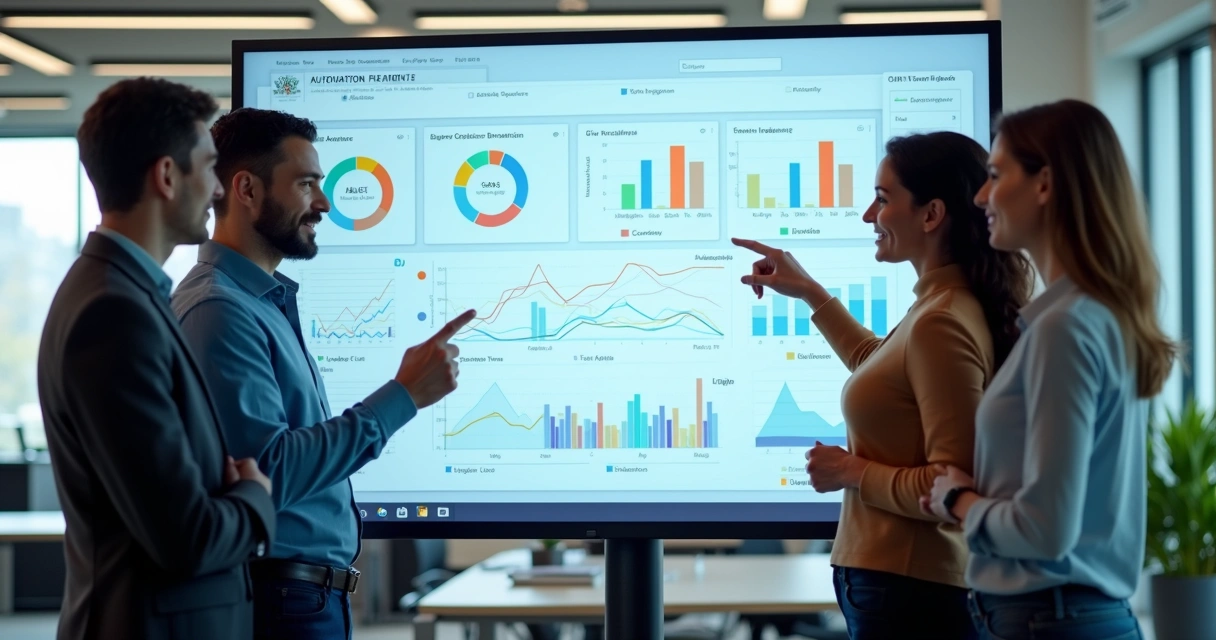 Equipe analisando painel de métricas de automação em uma tela grande