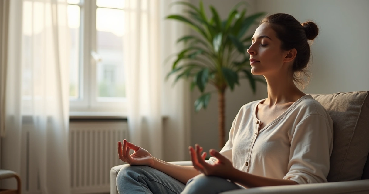 Pessoa sentada em cadeira confortável praticando meditação de olhos fechados 