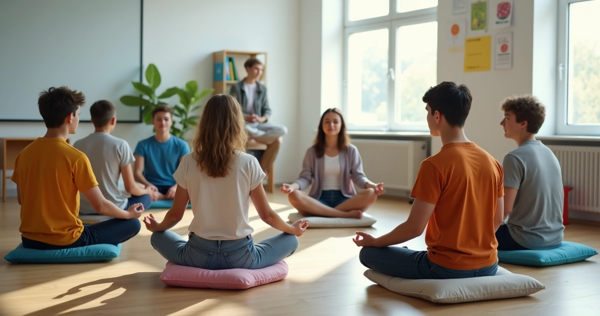 Adolescentes sentados em círculo praticando meditação guiada em sala de aula 