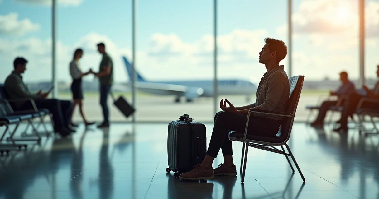 Viajante meditando sentado em poltrona de aeroporto perto da janela com avião ao fundo 