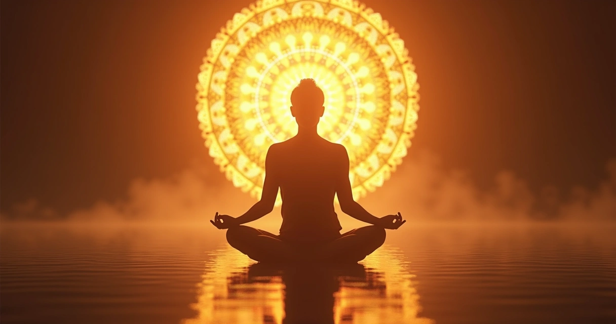 Pessoa sentada em postura de meditação com mandala ao fundo 