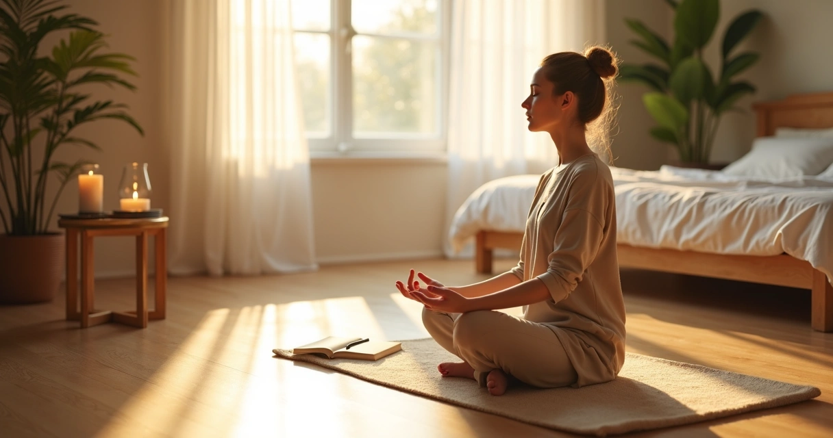Pessoa sentada em meditação perto da janela ao amanhecer com luz suave 