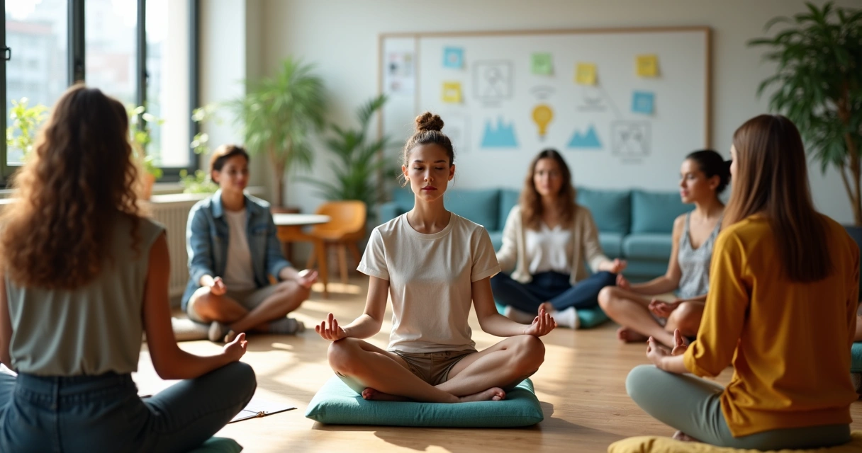 Grupo diverso em roda de conversa meditando em espaço moderno de inovação social 