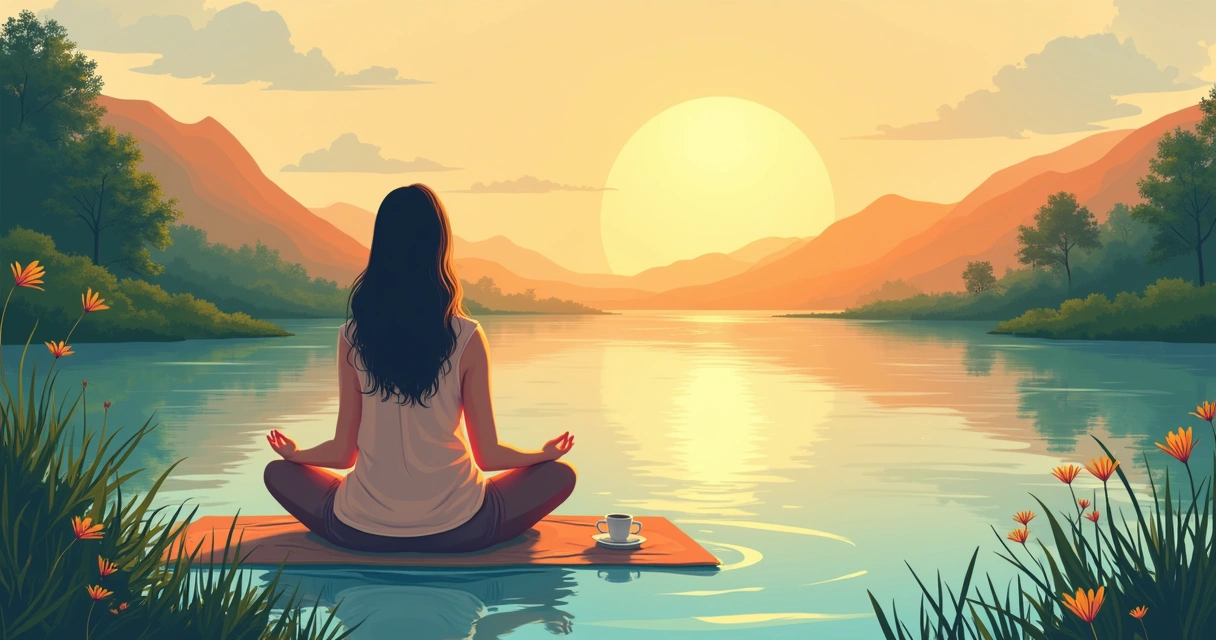 Pessoa meditando ao amanhecer, em um ambiente natural com lagoa, ervas e flores ao redor.