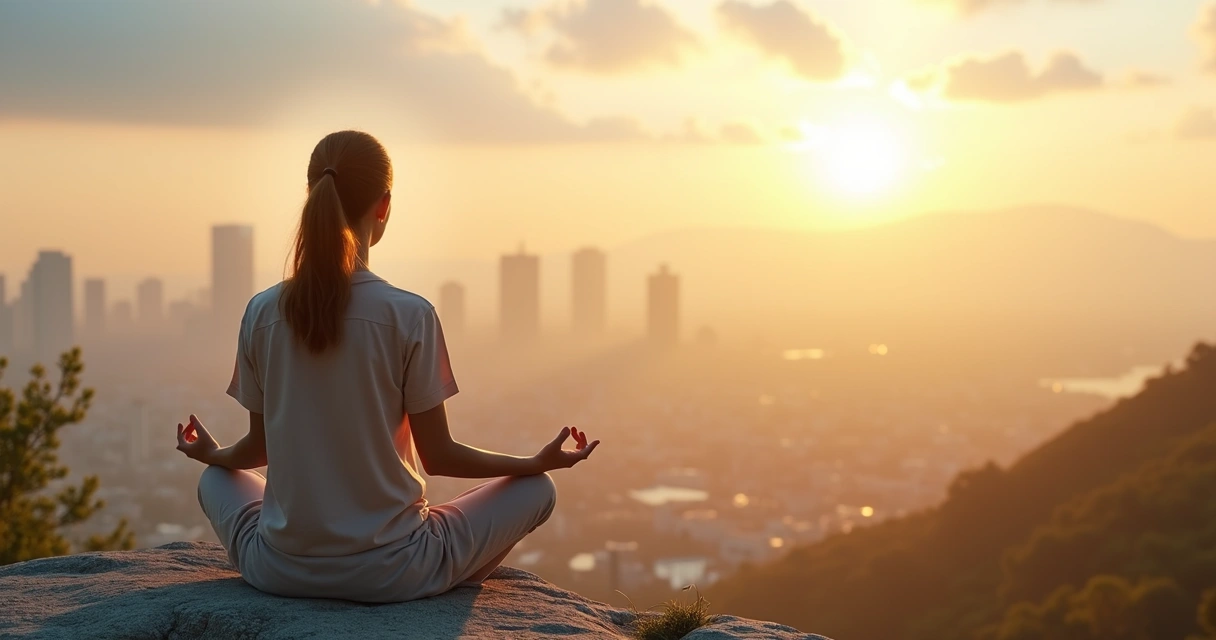 Pessoa meditando ao amanhecer diante de horizonte urbano iluminado 