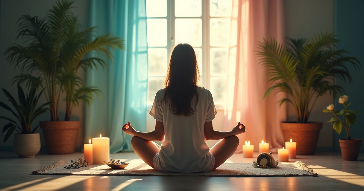 Pessoa meditando em um ambiente tranquilo com velas e cristais em um altar, enfatizando a espiritualidade e o autoconhecimento.