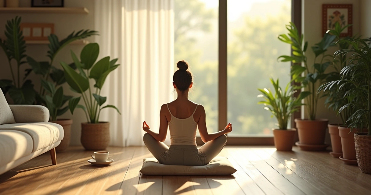 Pessoa fazendo pausa meditativa em ambiente tranquilo, com plantas ao fundo