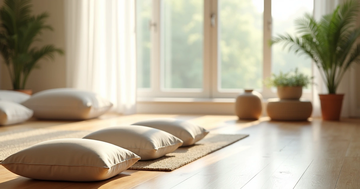 Almofadas de meditação em ambiente claro e sossegado 