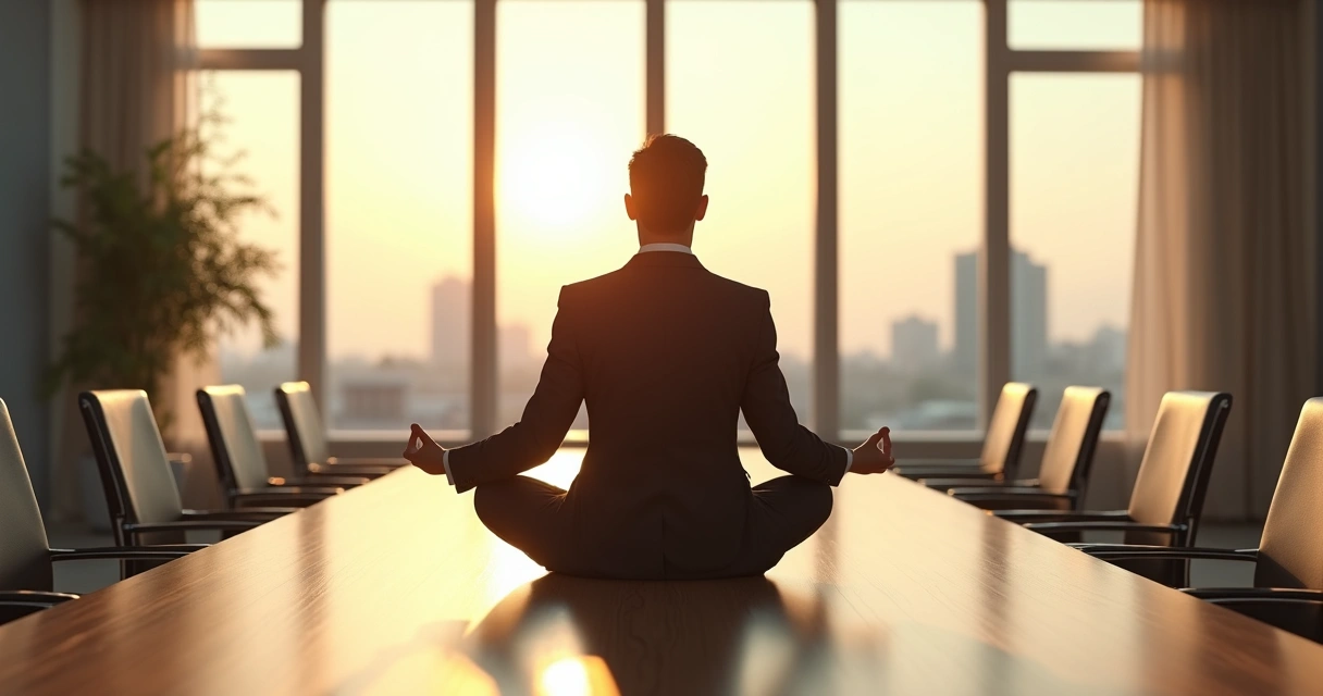 Pessoa sentada em posição de meditação em uma sala de reuniões empresarial, com luz suave e decoração minimalista 