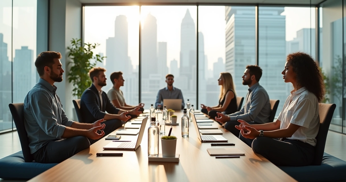 Profissionais em escritório moderno praticando meditação guiada juntos 