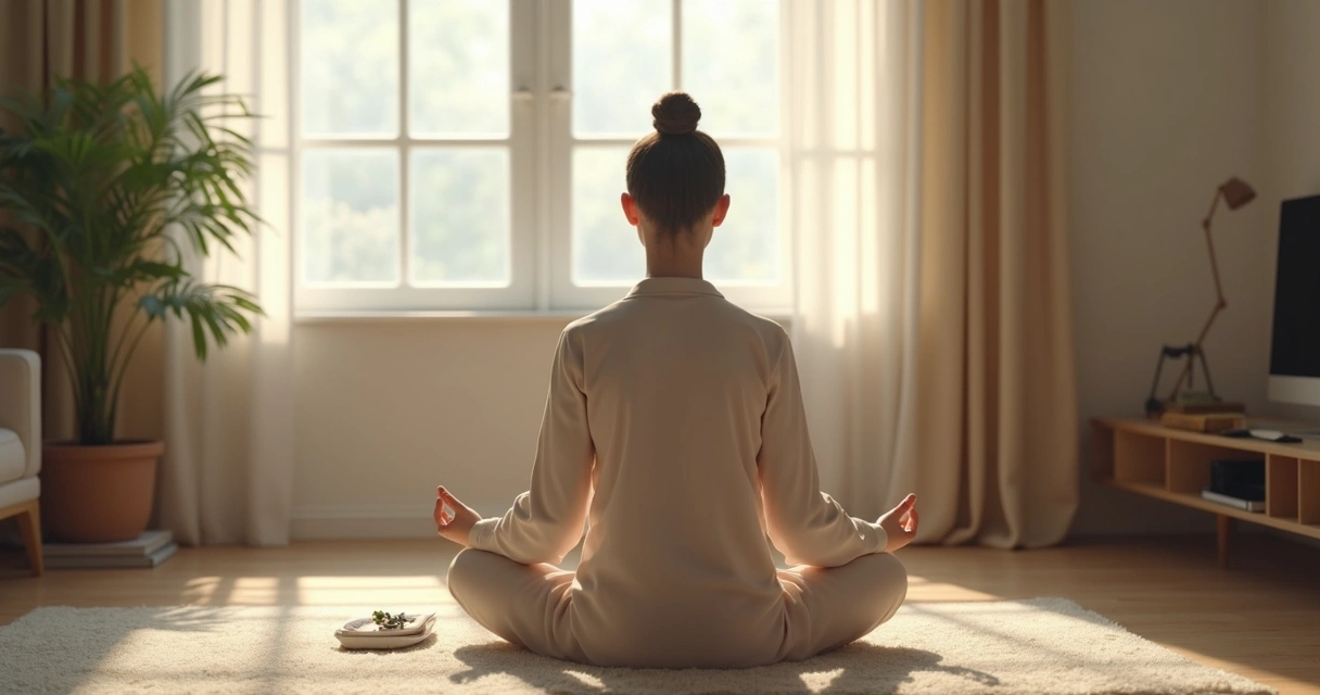 Pessoa sentada em postura ereta meditando em um cômodo simples e arrumado, luz natural suave na cena. 