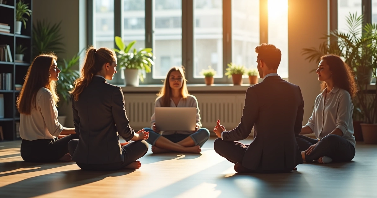 Pessoas de negócios sentadas em círculo praticando meditação no escritório