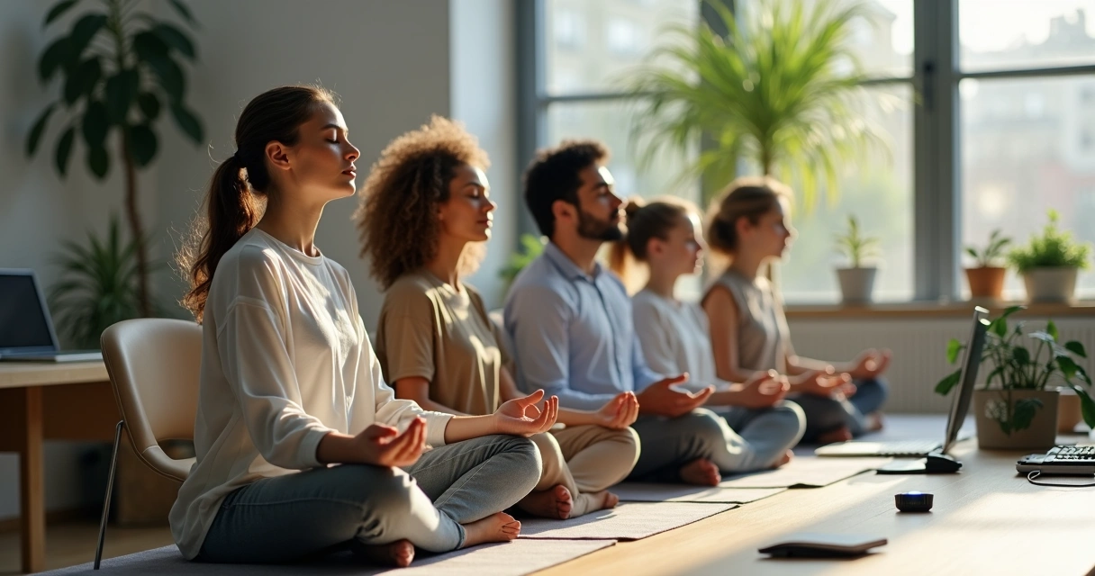 Profissionais praticando meditação em ambiente corporativo
