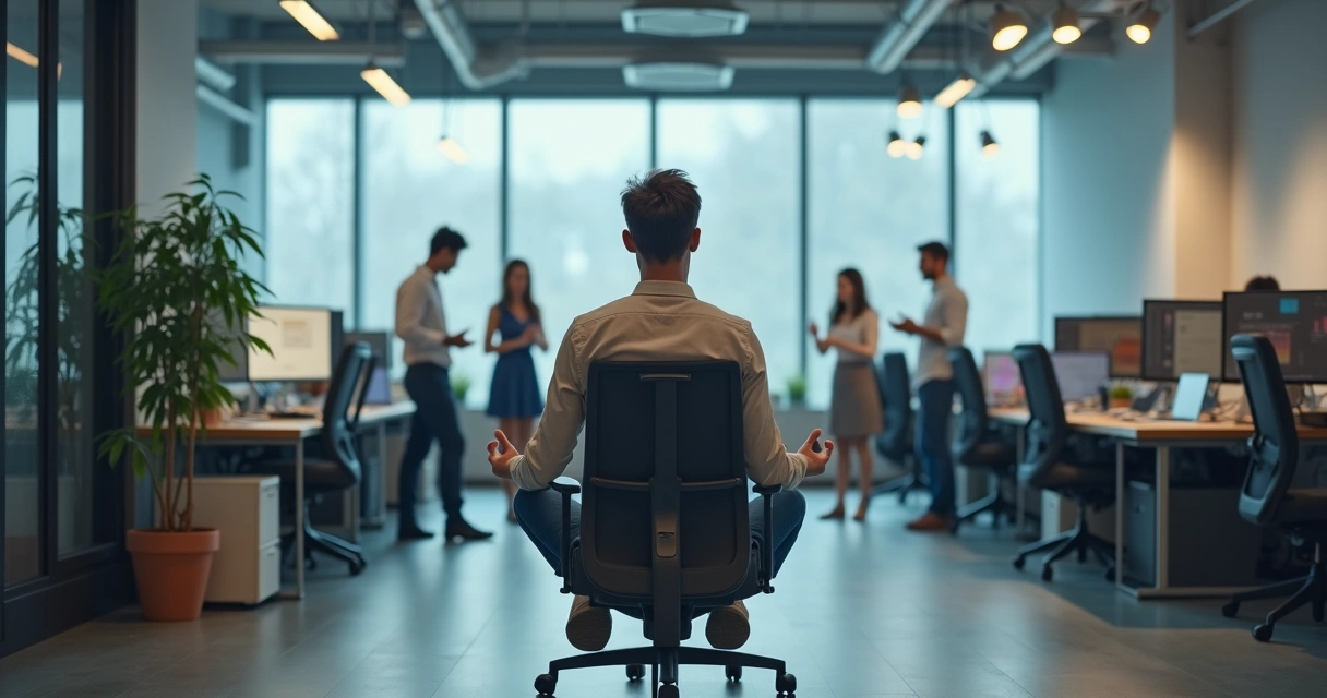 Profissional sentado em postura de meditação em mesa de trabalho com colegas ao fundo discutindo 