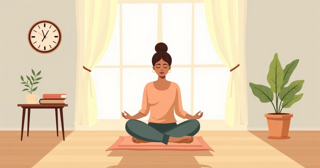 Pessoa meditando em um ambiente tranquilo, com luz suave e elementos de paz e natureza.