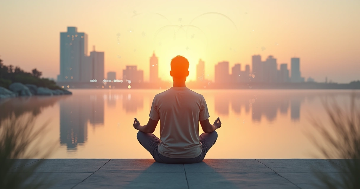 Pessoa meditando ao nascer do sol com horizonte futurista ao fundo 