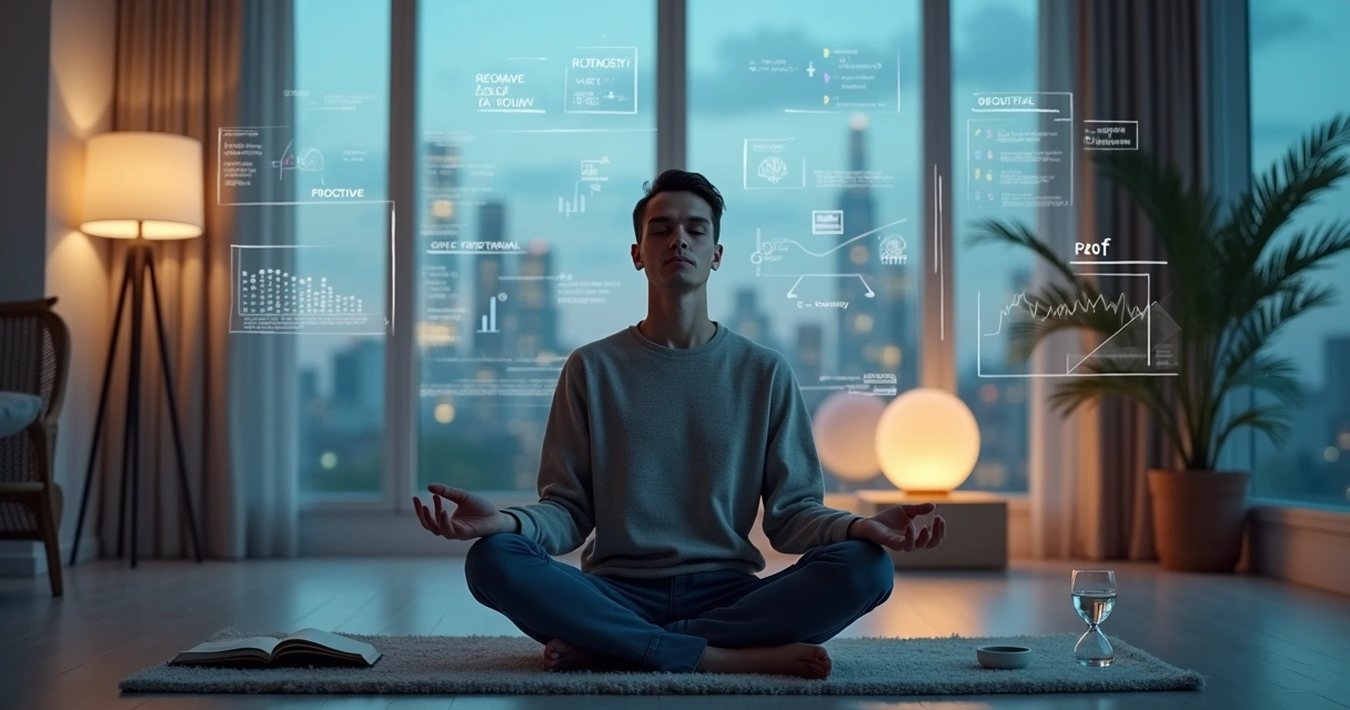 Pessoa analítica meditando em sala com fórmulas e gráficos nas paredes 