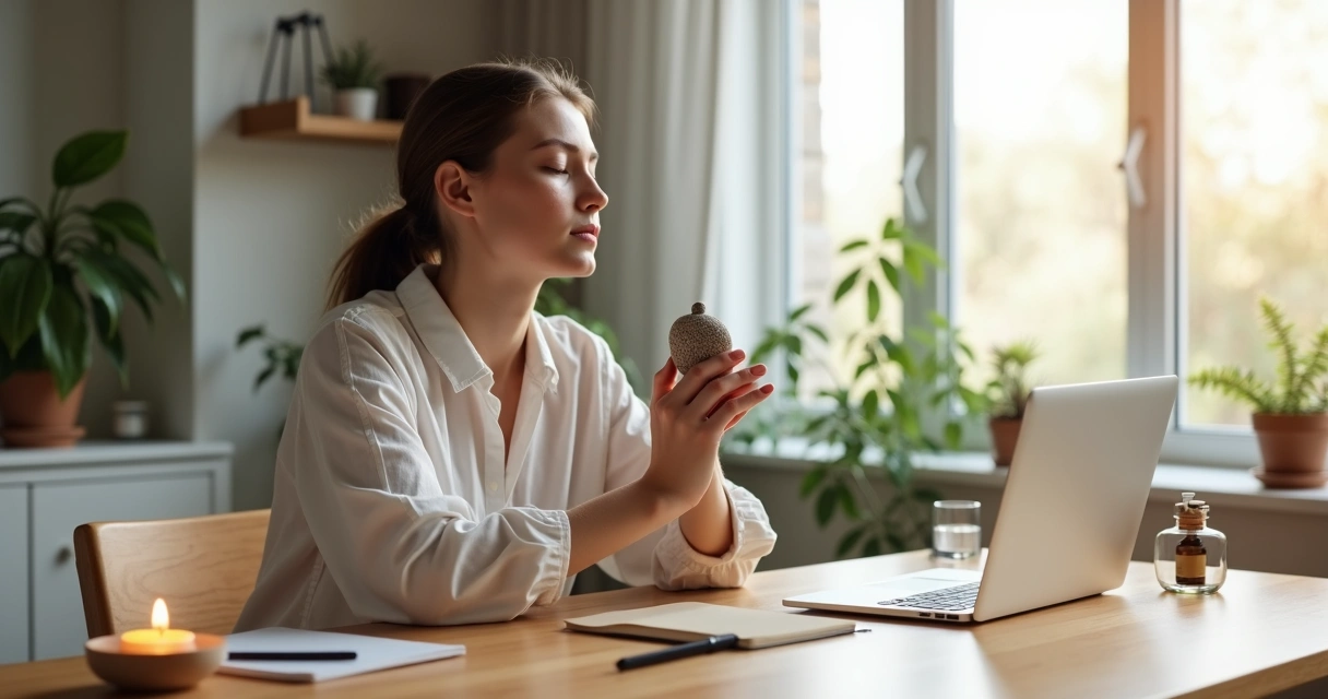 Pessoa sentada à mesa usando técnica de ancoragem sensorial para manter o foco no trabalho 