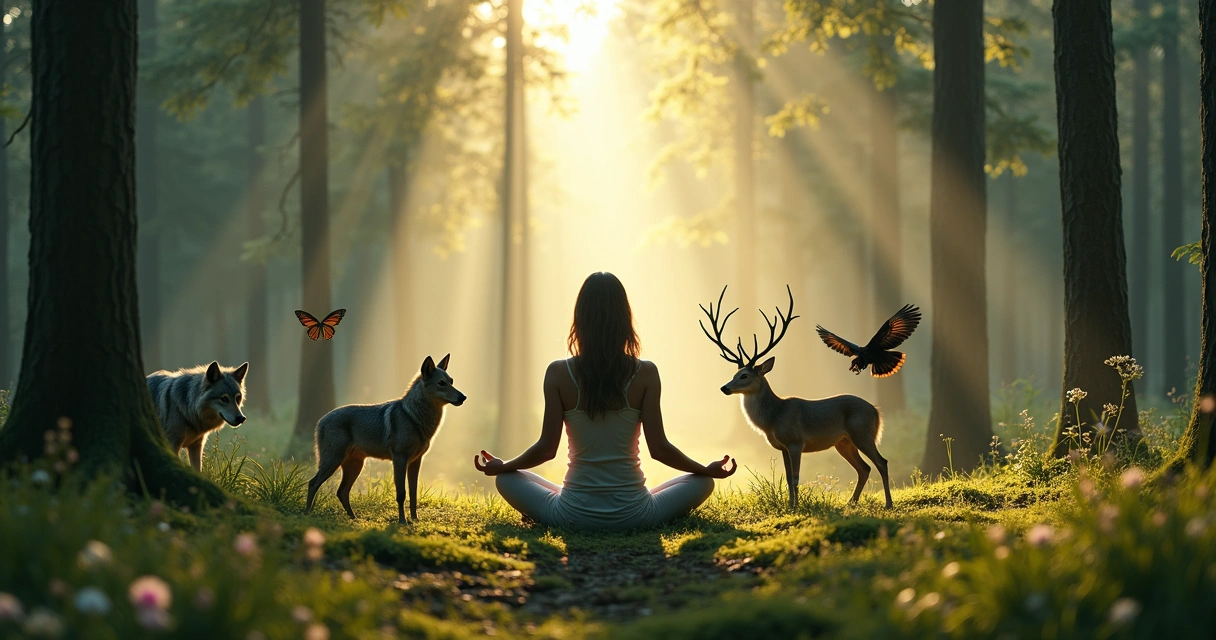Mulher meditando cercada por animais em uma floresta 