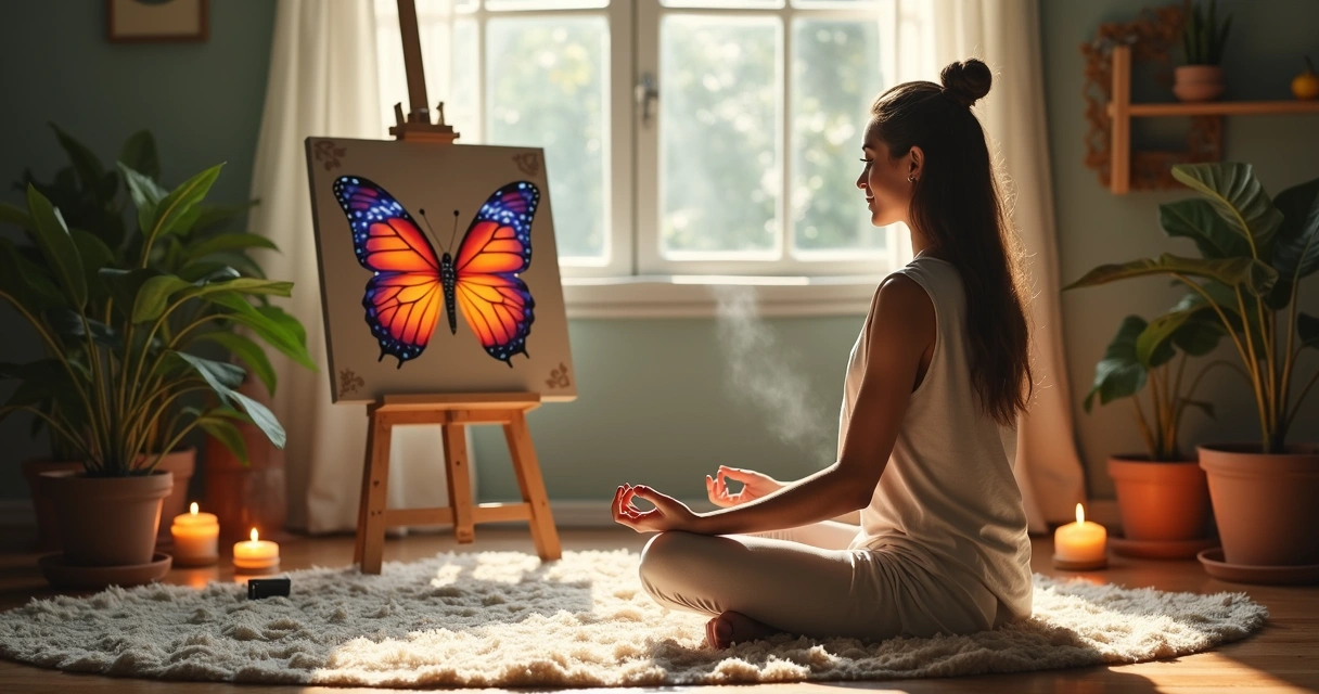 Pessoa meditando ao lado de quadro pintando animal guia com cores vibrantes 