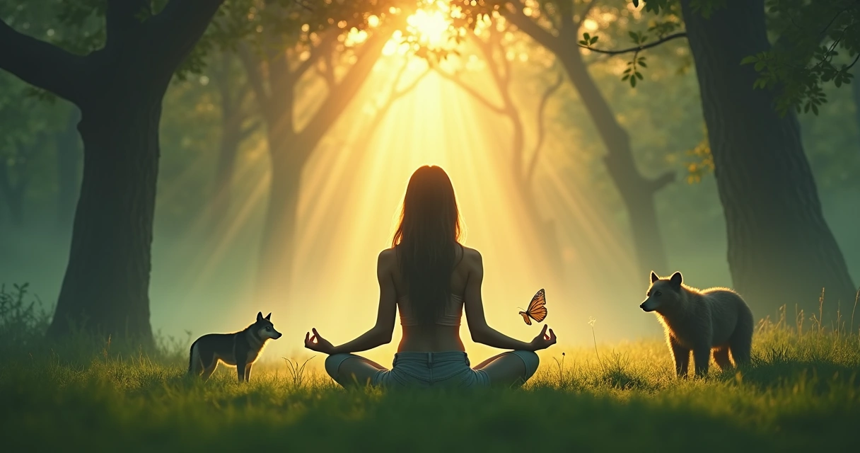 Mulher em meditação rodeada por silhuetas suaves de animais 