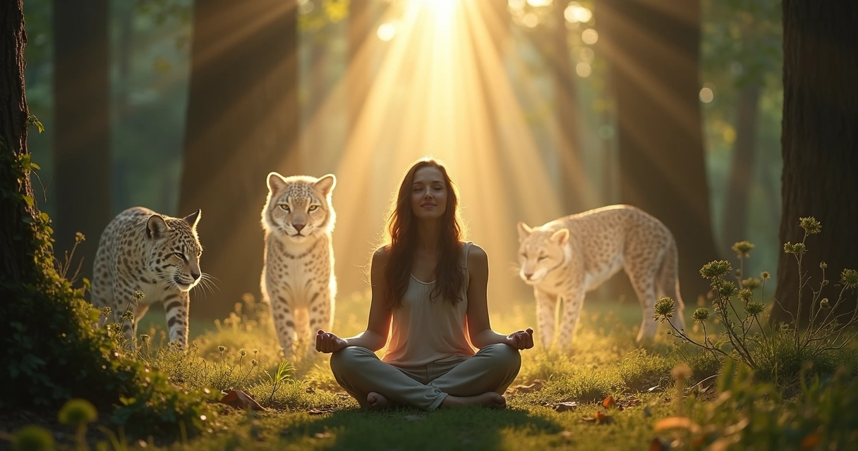 Pessoa meditando em floresta com luz suave 