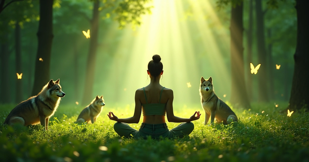 Mulher em meditação com animal espiritual na floresta 