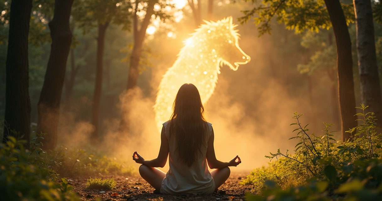 Pessoa meditando em floresta visualizando silhueta de animal 