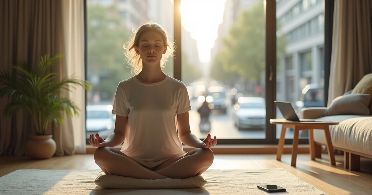 Pessoa meditando na sala enquanto o trânsito e o trabalho aparecem desfocados ao fundo 