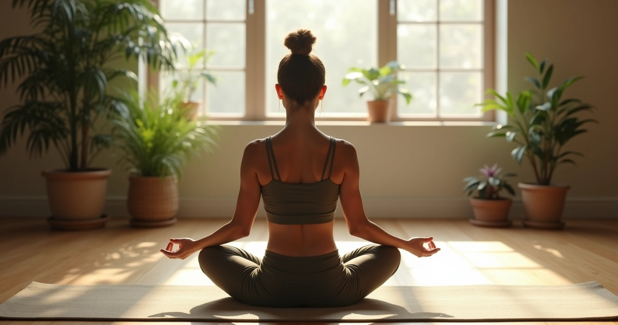 Pessoa praticando meditação sentada de pernas cruzadas com lugar calmo ao fundo 