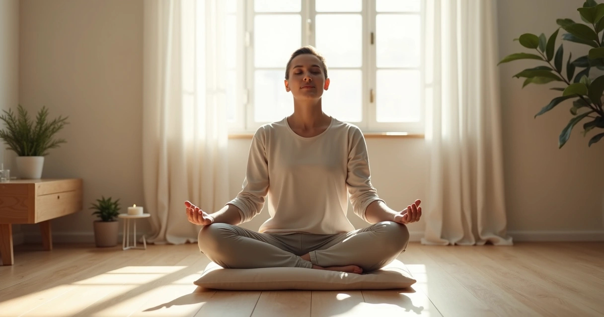 Pessoa sentada meditando em sala tranquila com luz suave 