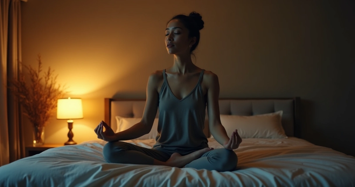 Pessoa sentada meditando em quarto escuro, luz suave e expressão serena 
