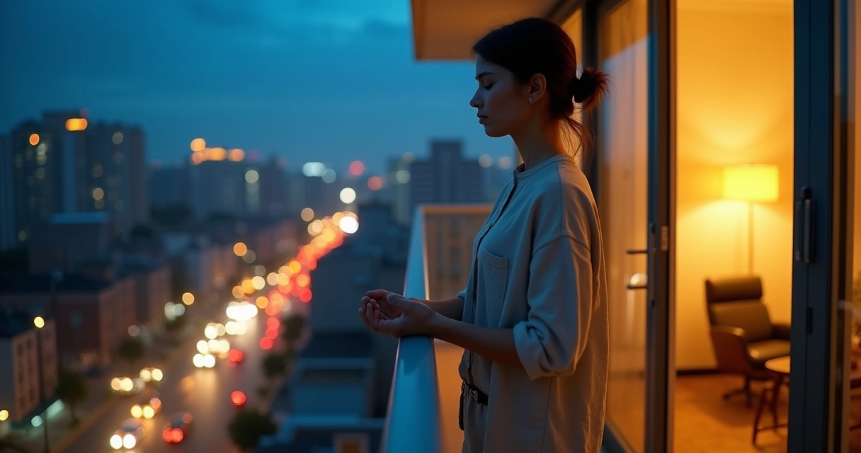 Pessoa fazendo pausa de meditação consigo mesma em varanda à noite com cidade ao fundo 