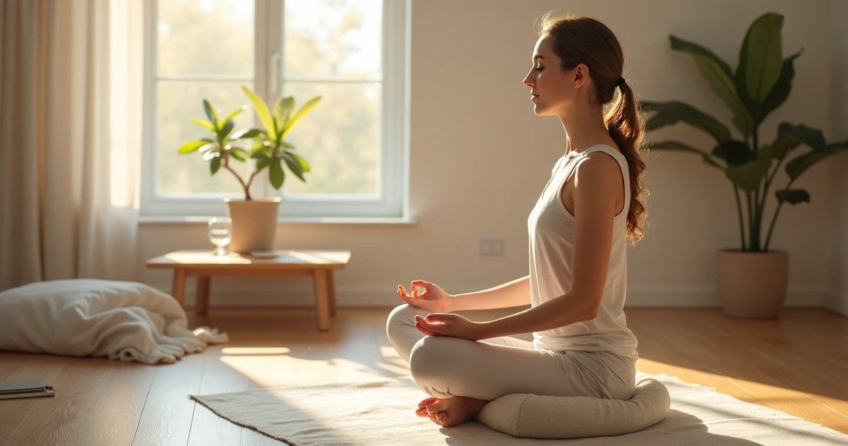 Pessoa meditando sentada em casa com luz suave e clima de calma 