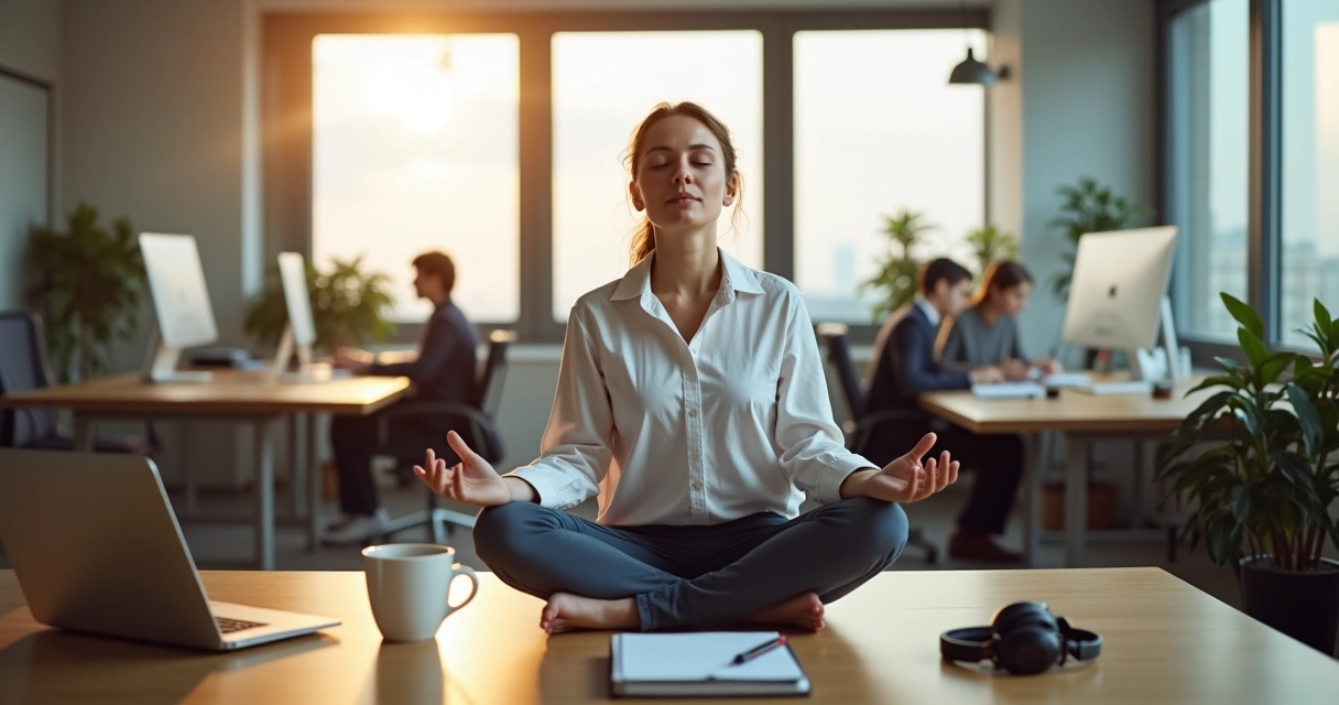 Profissional sentado em escritório fazendo meditação para ansiedade no trabalho 