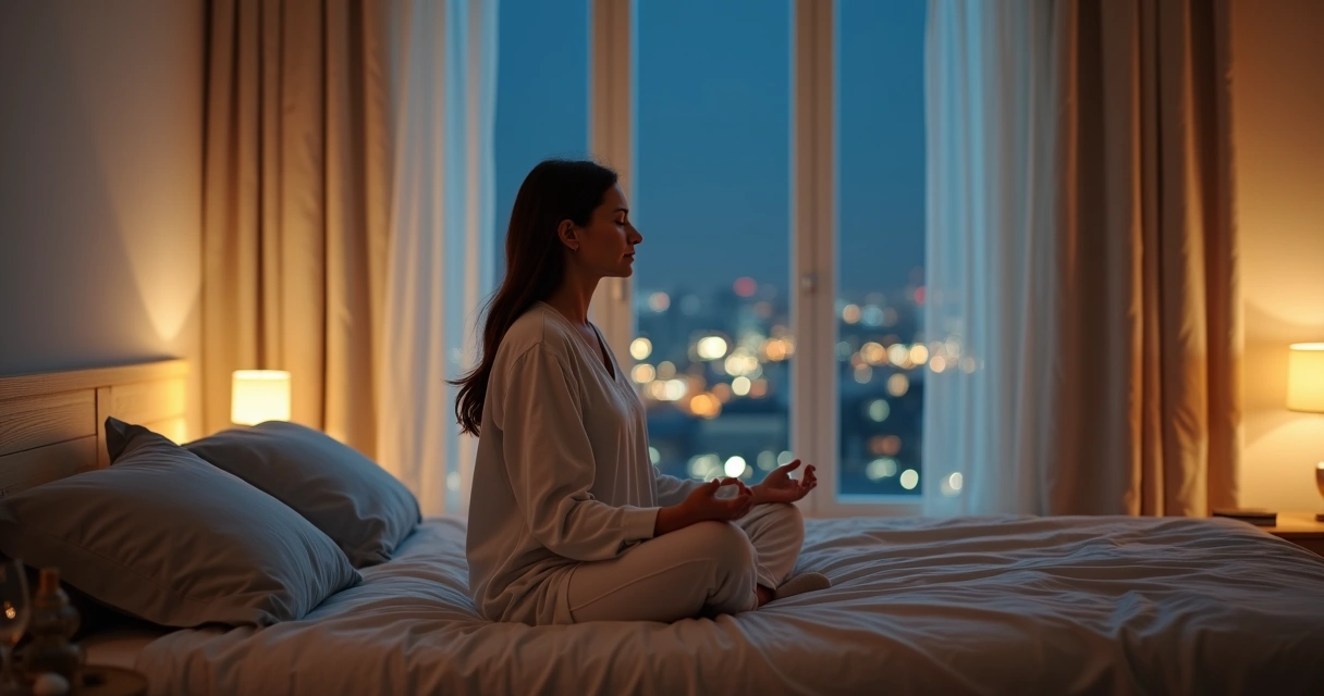 Pessoa sentada meditando na cama antes de dormir em quarto escuro e aconchegante 