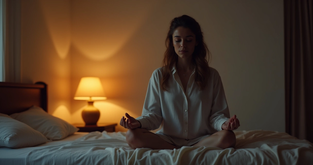 Pessoa sentada em posição de meditação com olhos fechados em um quarto escuro, abajur com luz suave ao fundo 