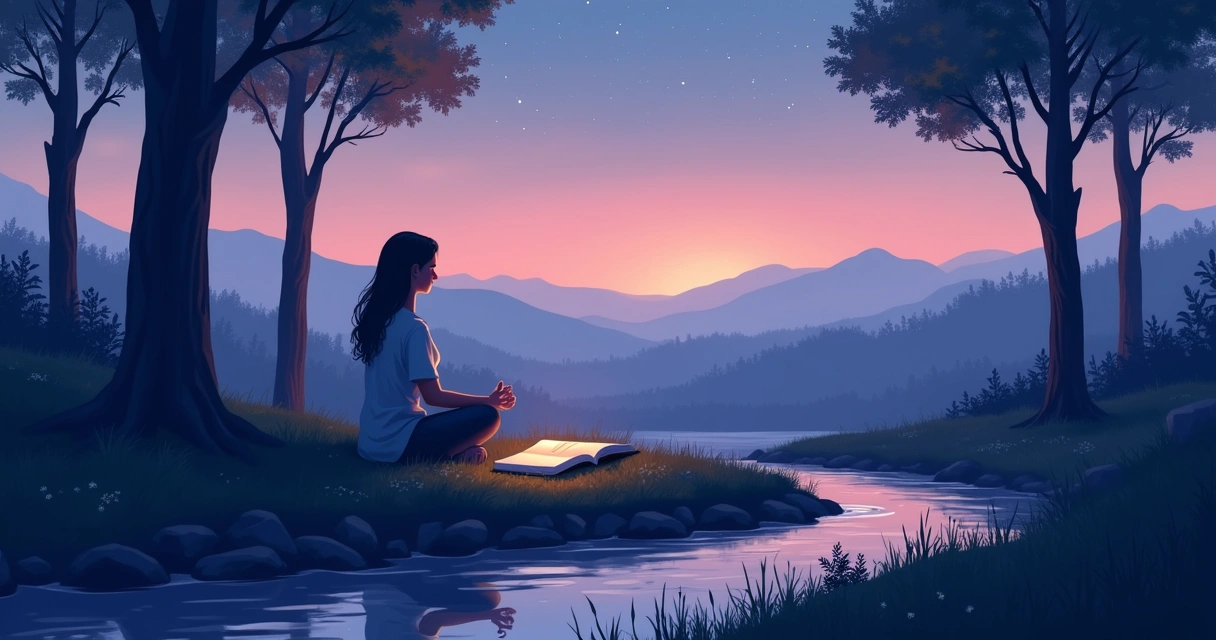Pessoa meditando em um ambiente sereno ao ar livre, com diário e luz suave ao crepúsculo.