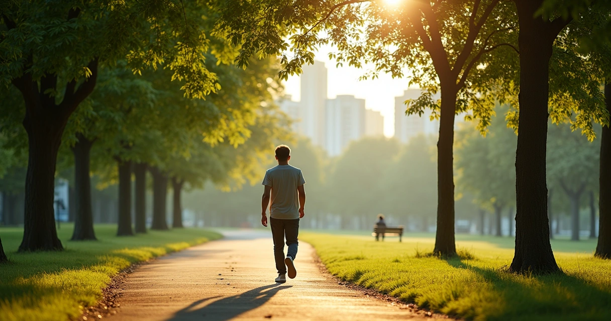 Pessoa caminhando tranquilamente em parque com árvores 