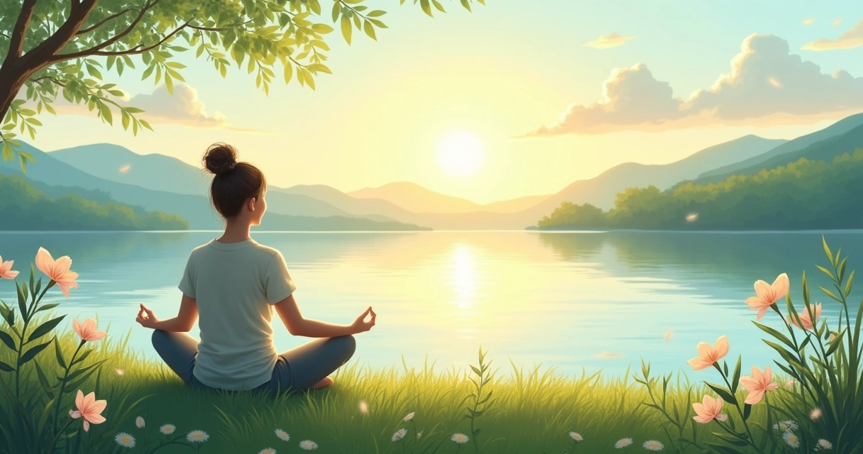 Ilustração de uma cena tranquila de meditação em um pôr do sol à beira de um lago sereno.