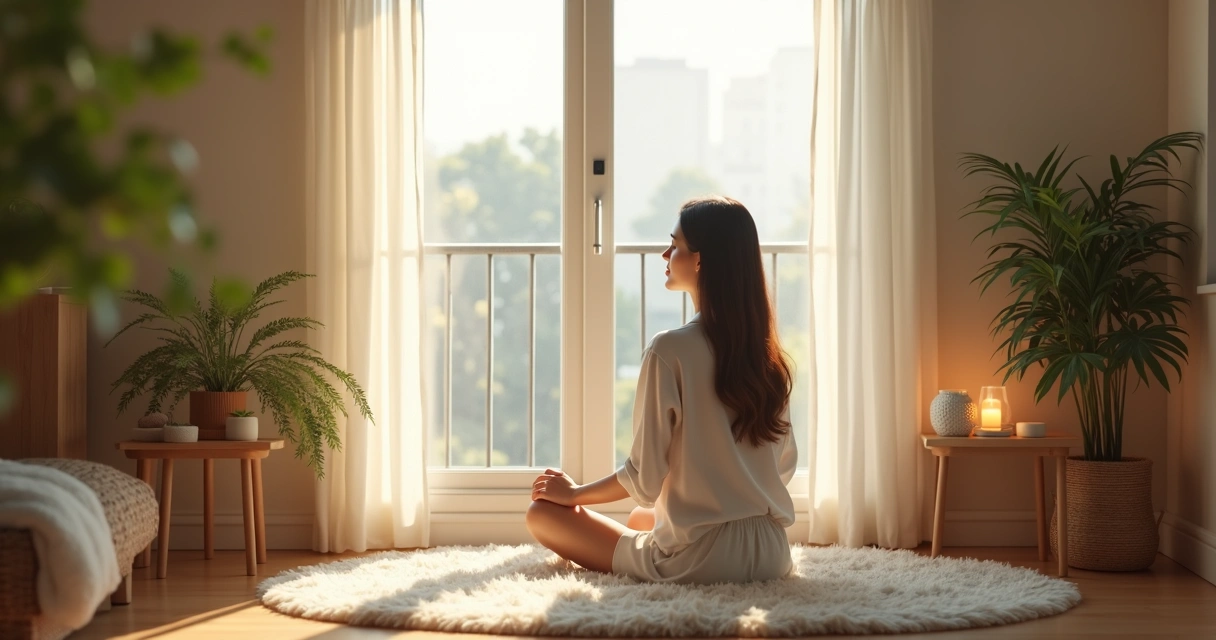 Mulher meditando em apartamento pequeno 